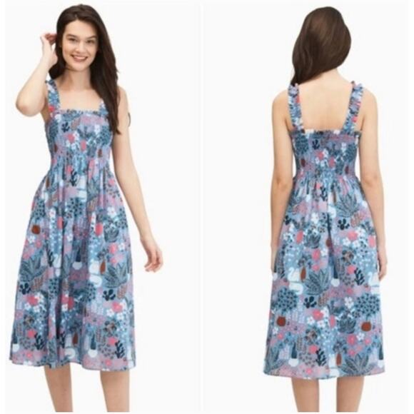 Kate Spade Garden Posy Smocked Midi Dress Cat Cactus Floral Print Size Small - Picture 1 of 8